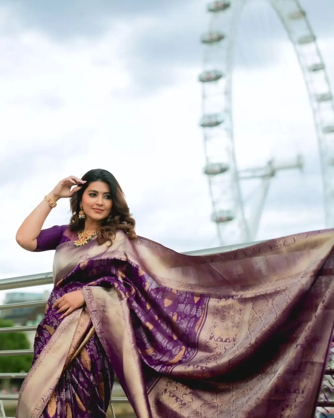 Sneha Wearing Beautiful Earrings Jewellery Blue Saree Blouse